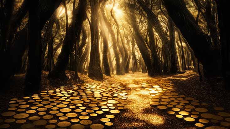 A digital gold coin radiating light, leading the way in a dark forest