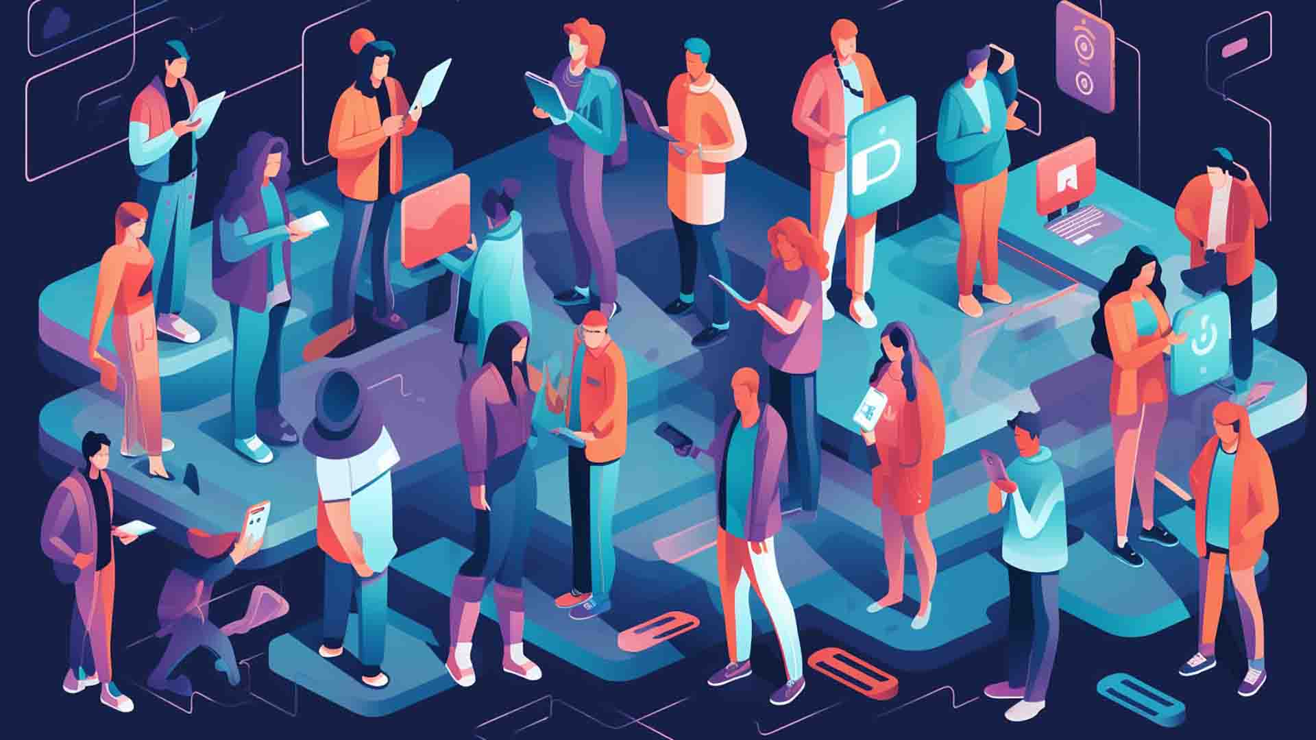 A illustration depicting a diverse group of people (representing customers, artists, influencers, and marketers) interacting and engaging with NFTs through various devices.