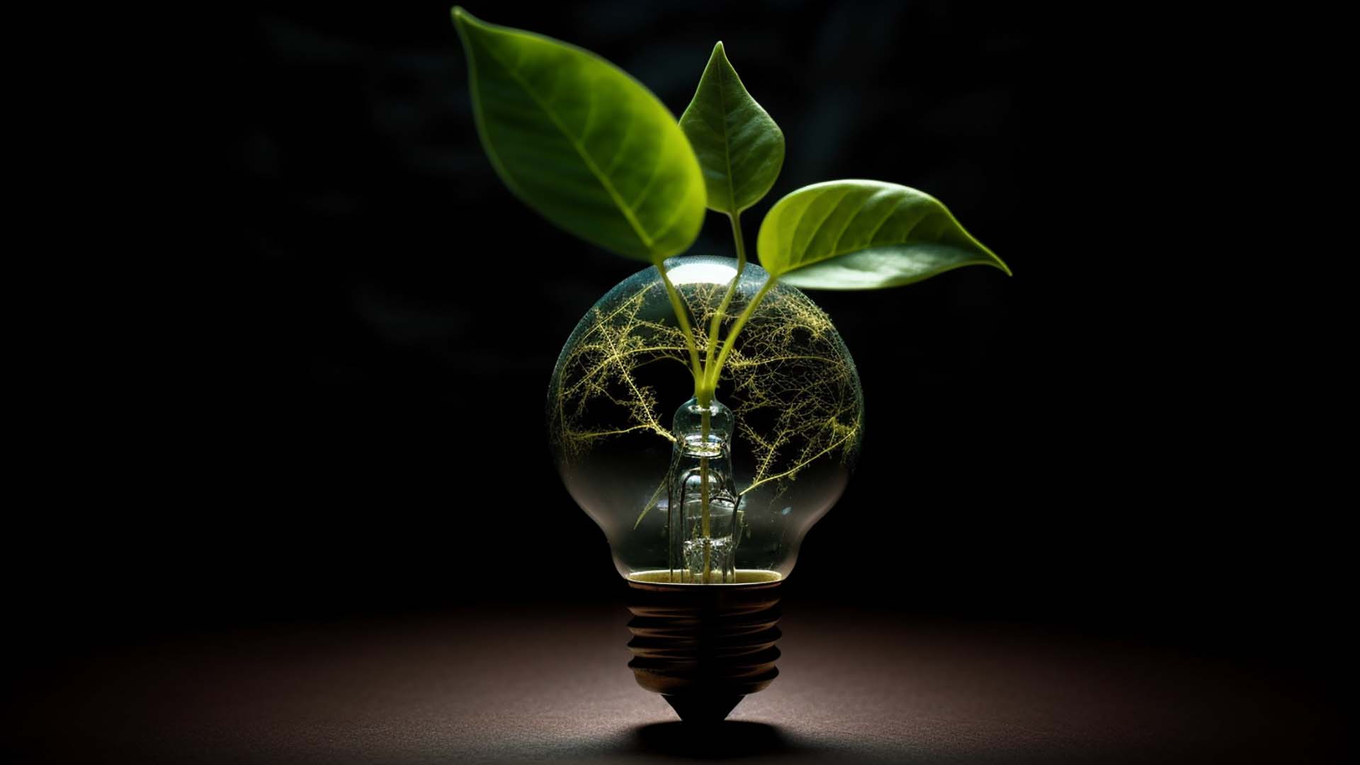 A light bulb symbolizing innovative ideas, with green leaves growing out of it, representing green tech.