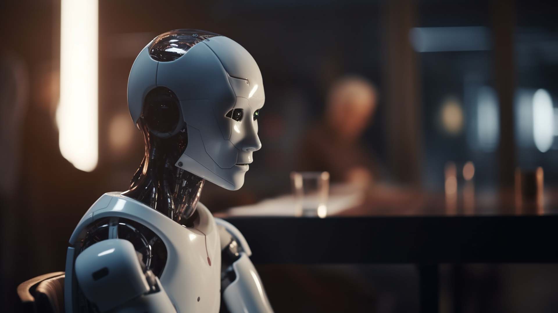 A picture of an humanoid robot sitting in a café.